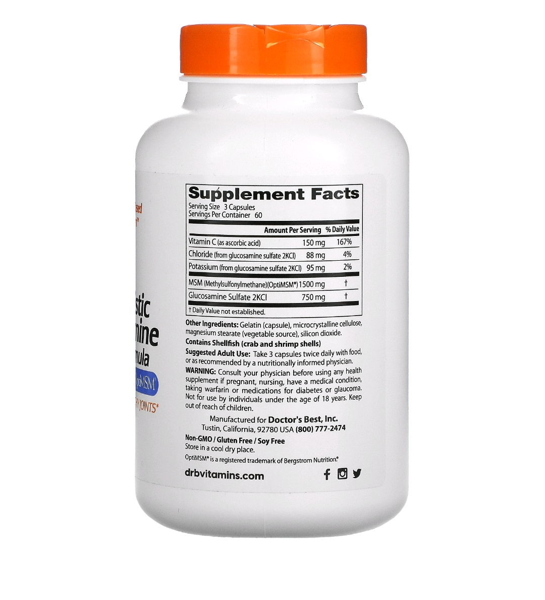Synergistic Glucosamine MSM Formula with OptiMSM, 180 Capsules
