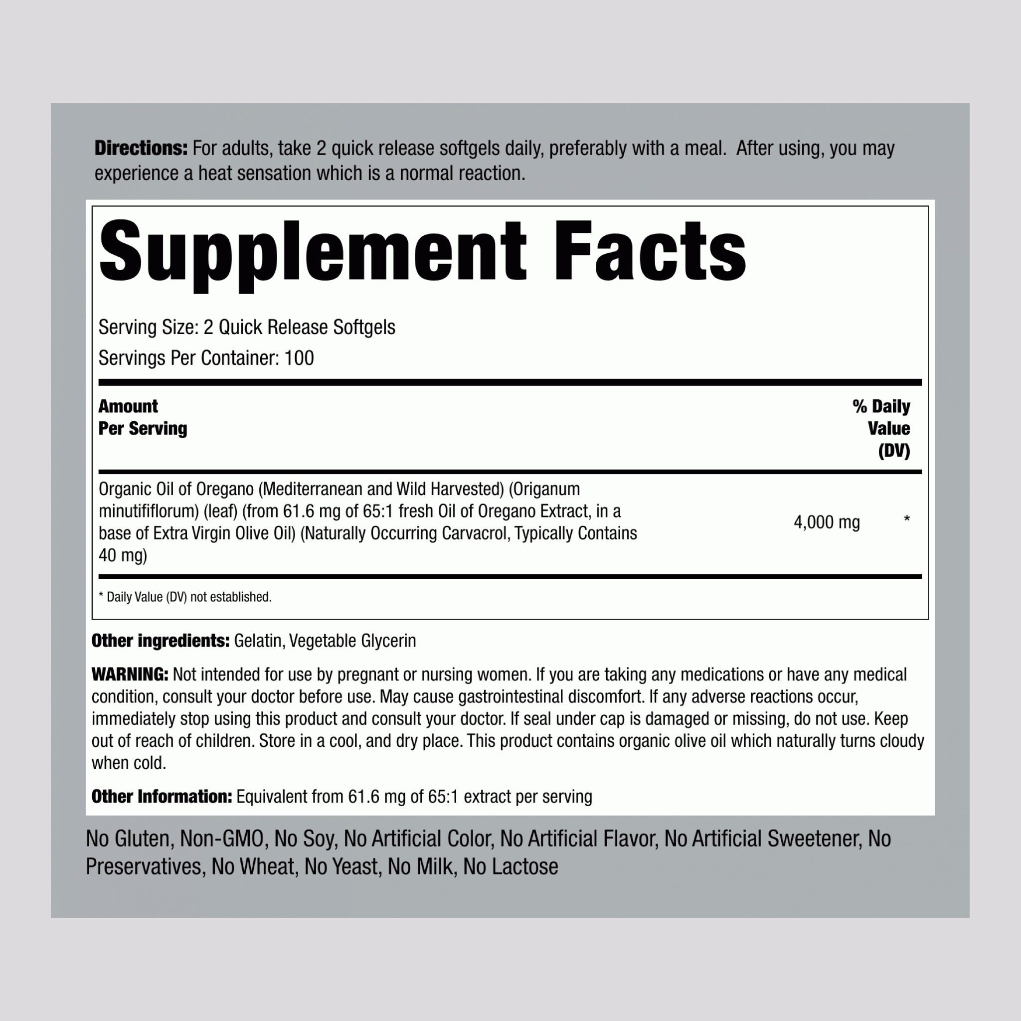 Oil of Oregano, 4000 mg (per serving), 200 Quick Release Softgels