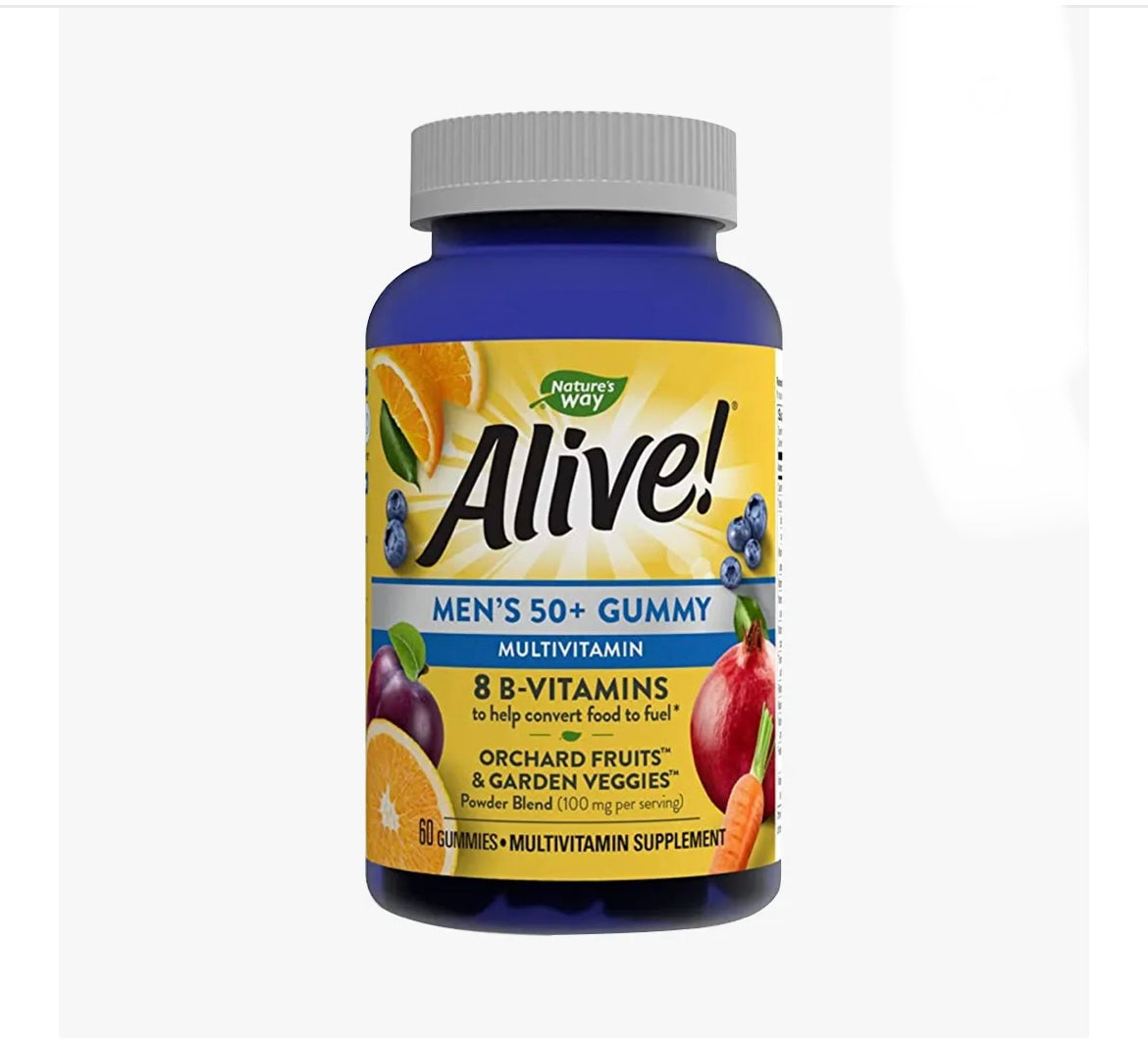 Natures Way Alive! Mens 50+ Gummy Multivitamin and B-Vitamins, Fruit Flavored, 60 Gummies