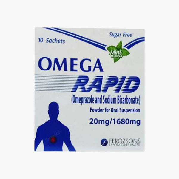 Omega Rapid (Omeprazole/Sodium Bicarbonate) 20mg/1680mg Sachet, 10 Ct - Ferozsons
