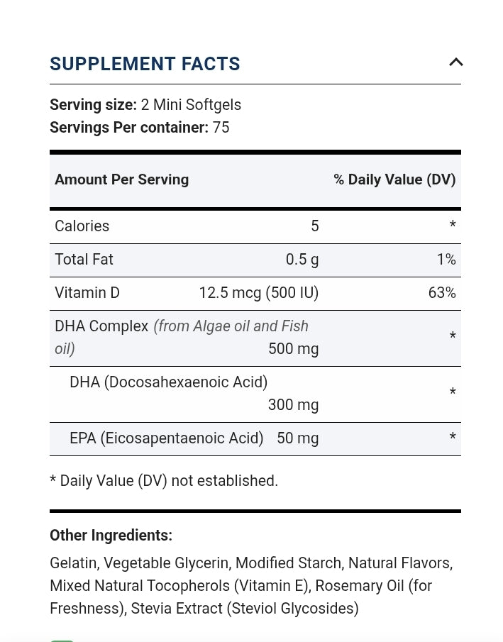 DHA 300 mg (per serving) plus Vitamin D3, 150 Mini Softgels