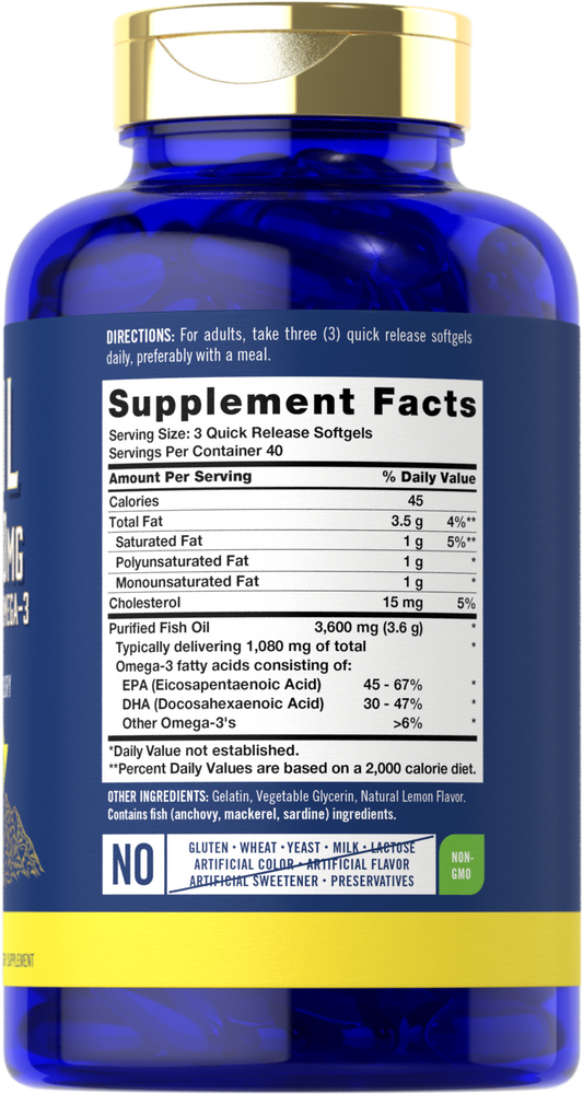 Fish Oil 3600mg with Omega-3 1080mg per serving | 120 Softgels