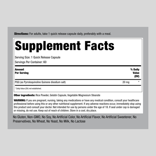 PQQ Pyrroloquinoline Quinone, 20 mg, 60 Quick Release Capsules