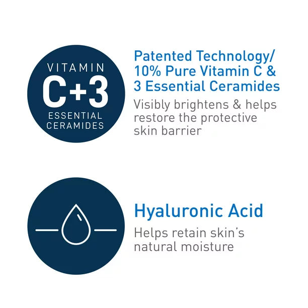 CeraVe Vitamin C Serum for Face with Hyaluronic Acid, Skin Brightening and Fragrance-Free Serum,- 30mL